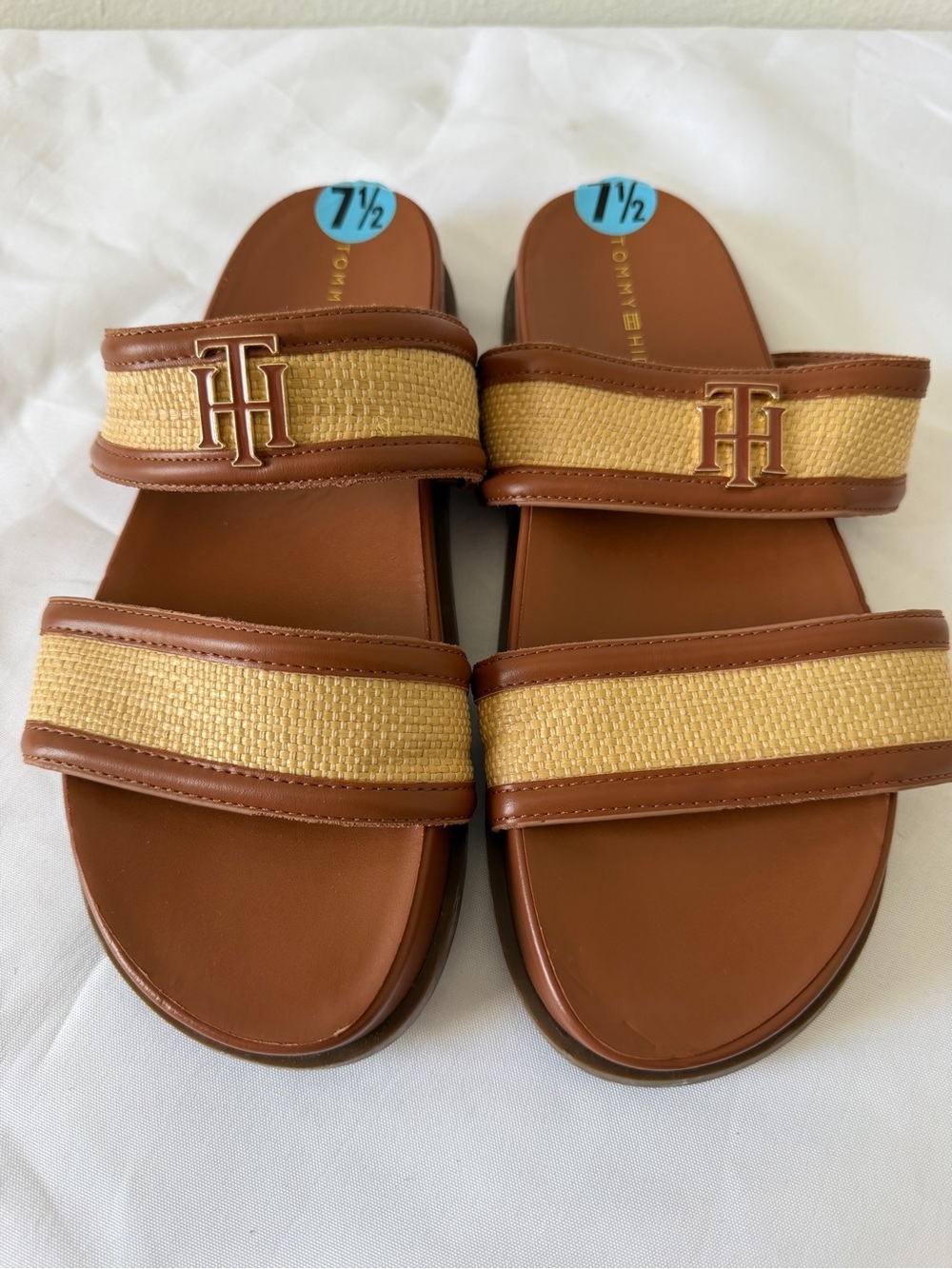 Tommy Hilfiger Tan & Cream Double Strap Slide Sandals